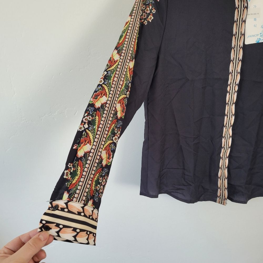 NEW Black Floral Abstract Blouse Top Asian Office Career Boho Indie Oriental 14 - Picture 7 of 12